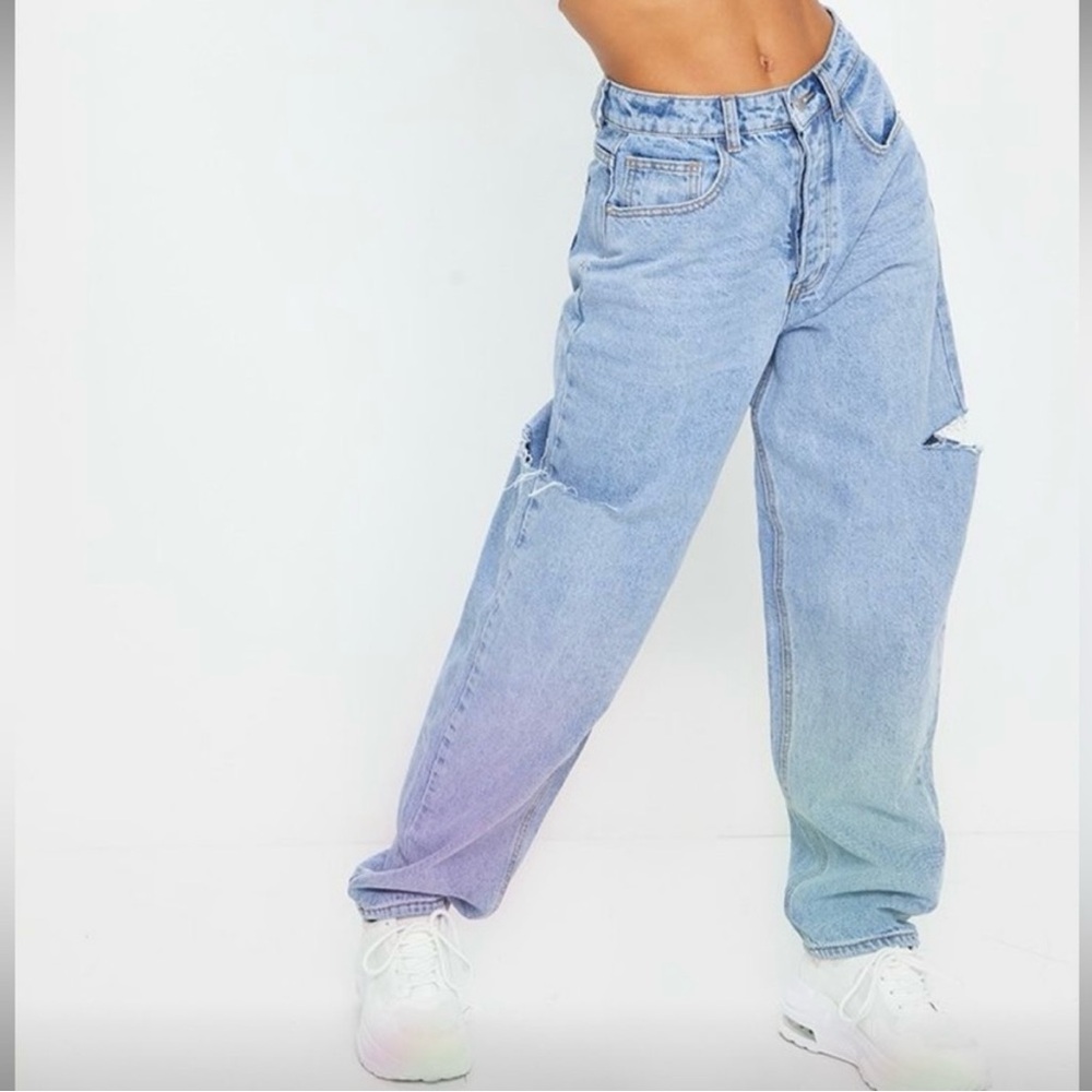 PrettyLittleThing Boyfriend Jeans Light Wash Thigh Split Denim Blue Size 6